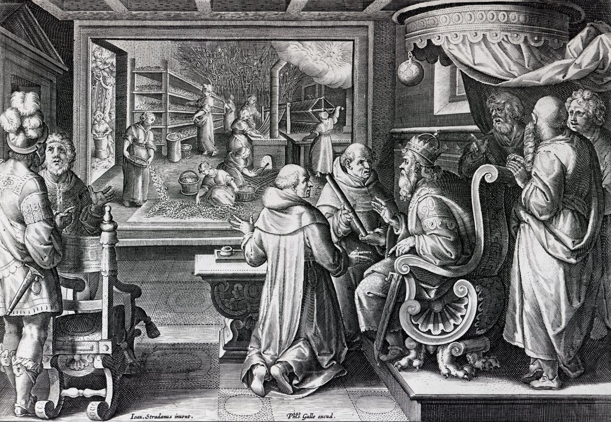 Sericus, sive Sericus Vermis, 9. tábla a „Nova Reperta”-ból, Philip Galle metszete, 1580-1605 körül alkotó: Jan van der Straet