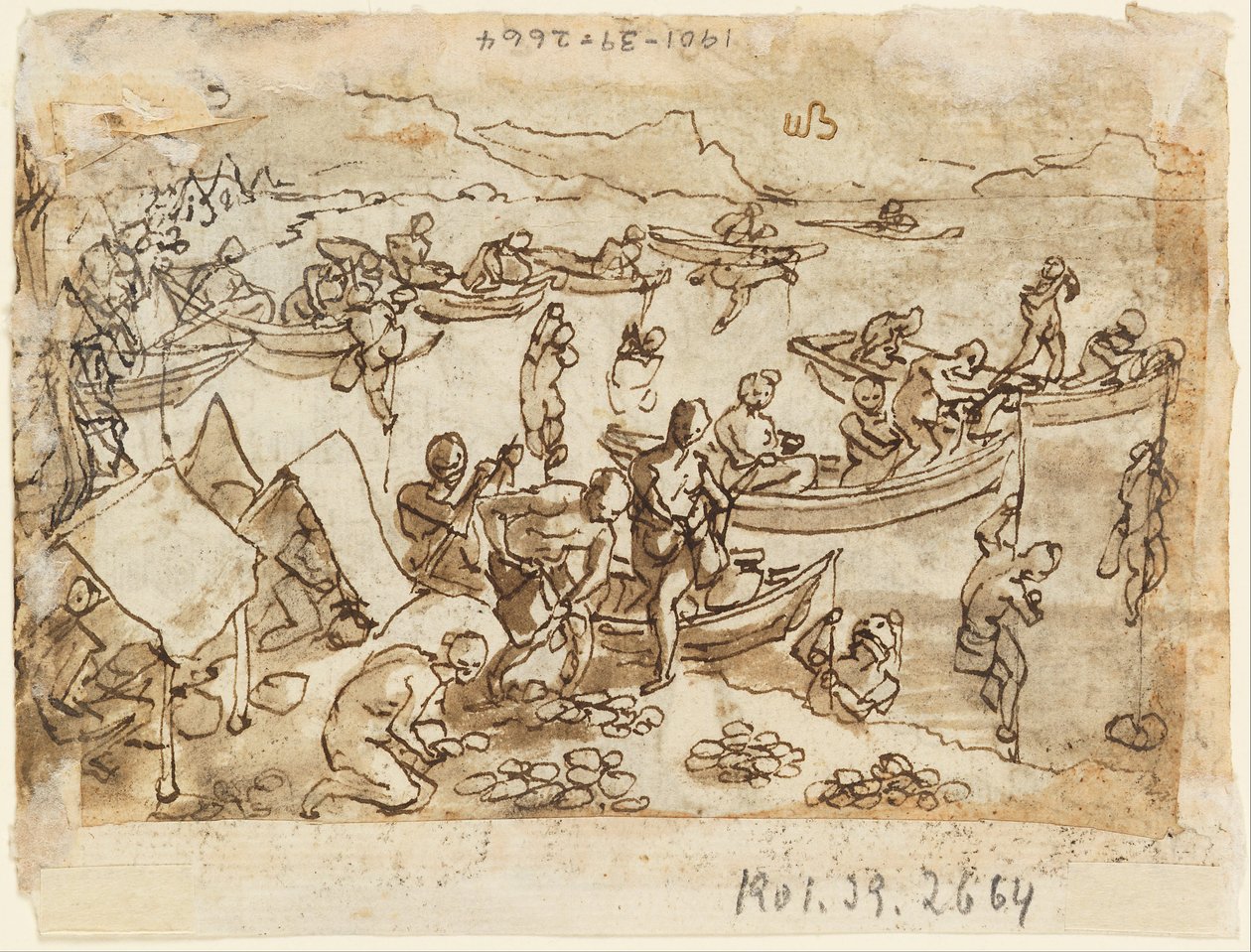 Vázlatfüzet oldal- Gyöngyhalászat; recto, Diana alkotó: Jan van der Straet