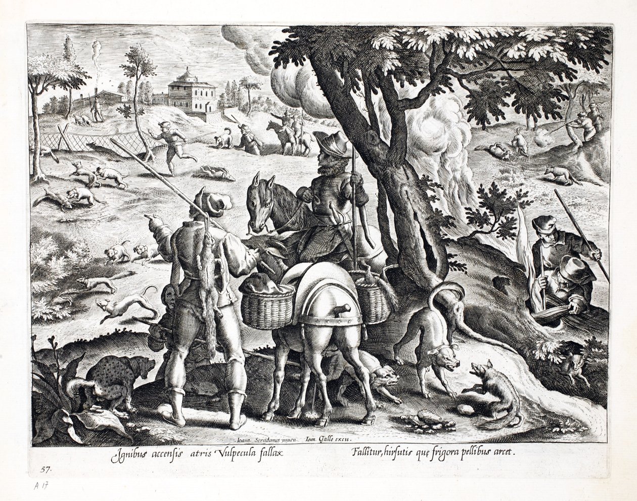Fekete rókák füstölése odújukból, illusztráció a "Venationes, Ferarum, Avium, Piscium" (Vadászatról: vadállatok, madarak, halak) című könyvből, metszet: Jan Collaert (1566-1628), kiadó: Phillipus Gallaeus, alkotó: Jan van der Straet