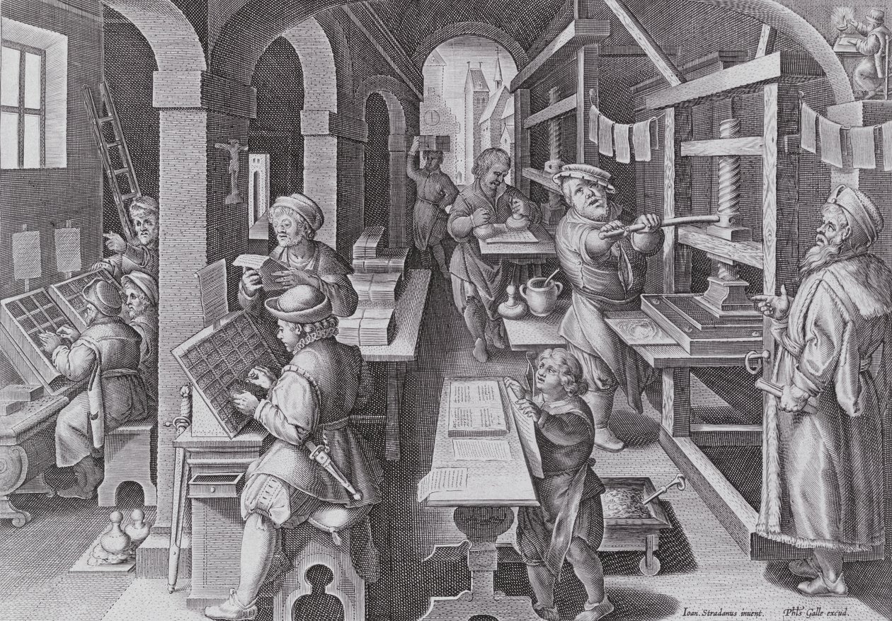 A nyomtatás fejlődése, 5. tábla a „Nova Reperta”-ból (Új felfedezések), Philip Galle (1537-1612) metszetével, 1600 körül alkotó: Jan van der Straet