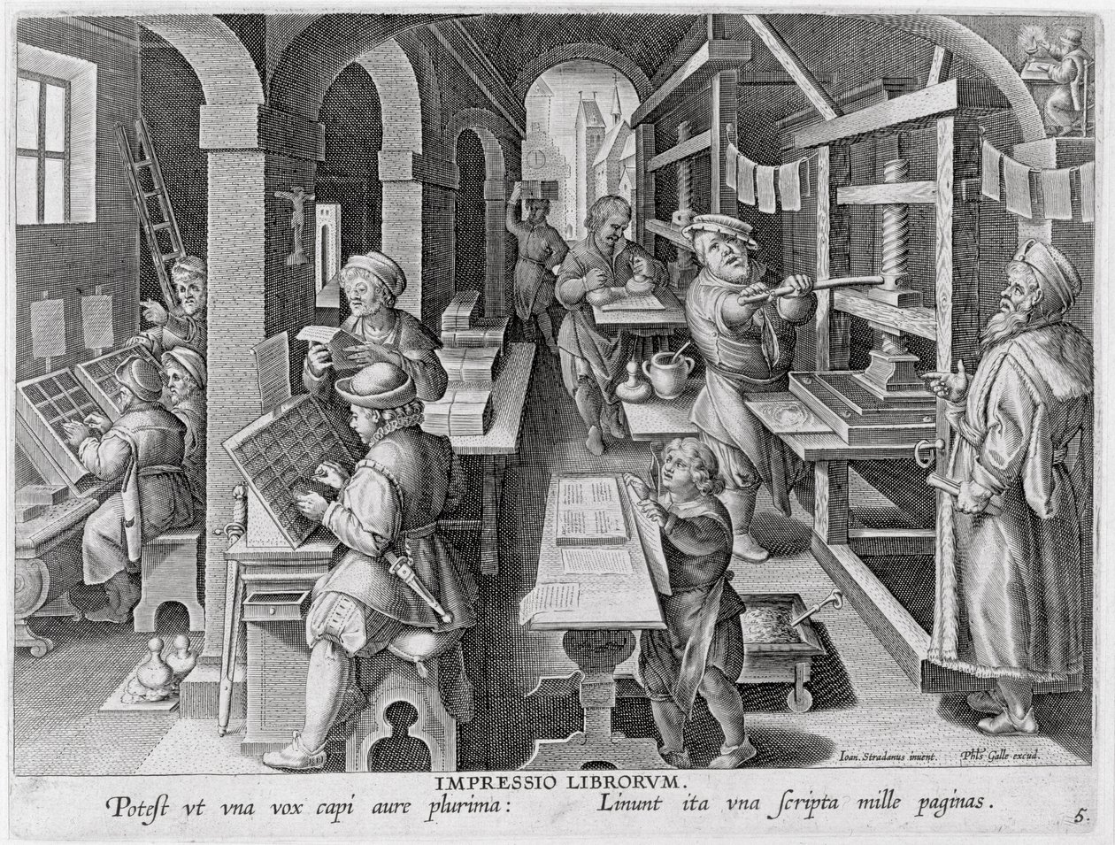 A nyomtatás fejlődése, 5. tábla a "Nova Reperta" (Új felfedezések) című műből, metszette Philip Galle (1537-1612) 1600 körül. alkotó: Jan van der Straet