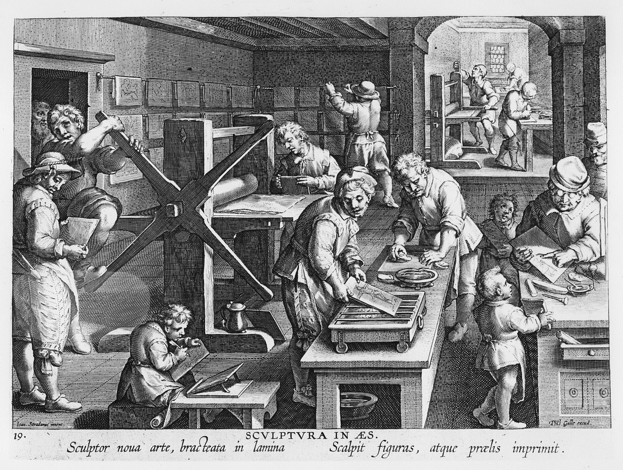 A rézmetszet találmánya, 20. tábla a „Nova Reperta”-ból (Új felfedezések) Philip Galle (1537-1612) metszetével, 1600 körül alkotó: Jan van der Straet