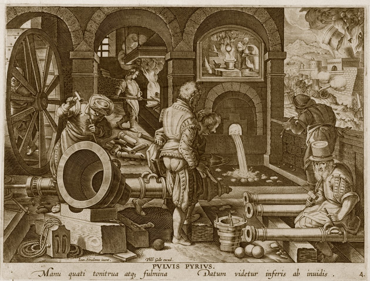A puskapor feltalálása és az első bronzágyú öntése, 4. tábla a "Nova Reperta" (Új felfedezések) című műből, metszette Philip Galle (1537-1612) 1600 körül. alkotó: Jan van der Straet