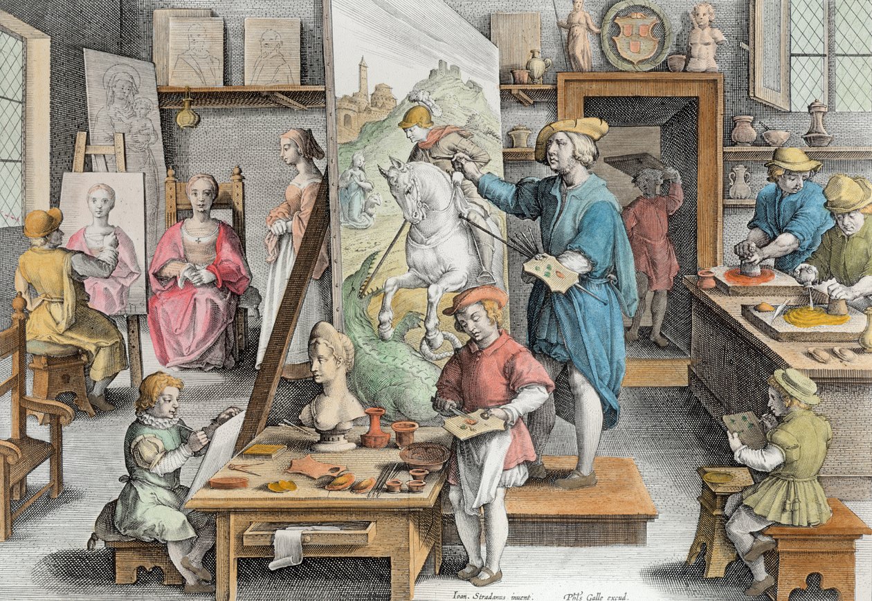 Az olajfesték feltalálása, 15. tábla a „Nova Repertától” (Új felfedezések), Philip Galle (1537-1612) metszetével, 1600 körül (későbbi színezés) alkotó: Jan van der Straet
