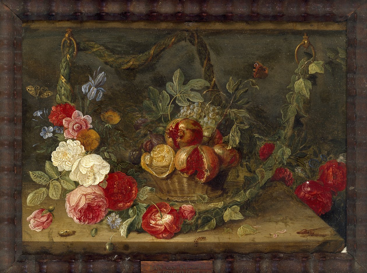 Dekoratív csendélet kompozíció egy kosár gyümölccsel (olaj, réz) alkotó: Jan van Kessel the Elder