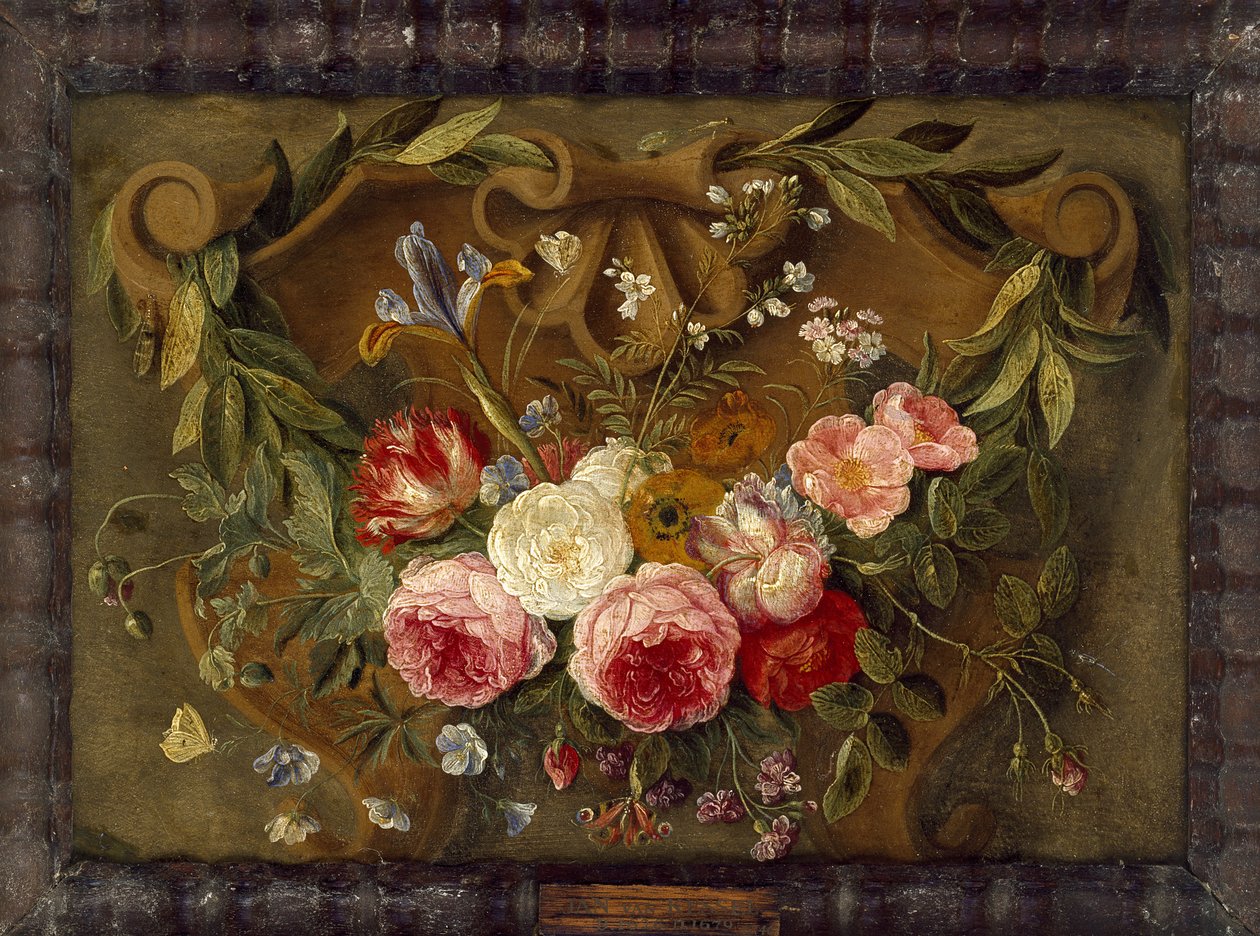 Dekoratív csendélet kompozíció virágfüzérrel (olaj, réz) alkotó: Jan van Kessel the Elder
