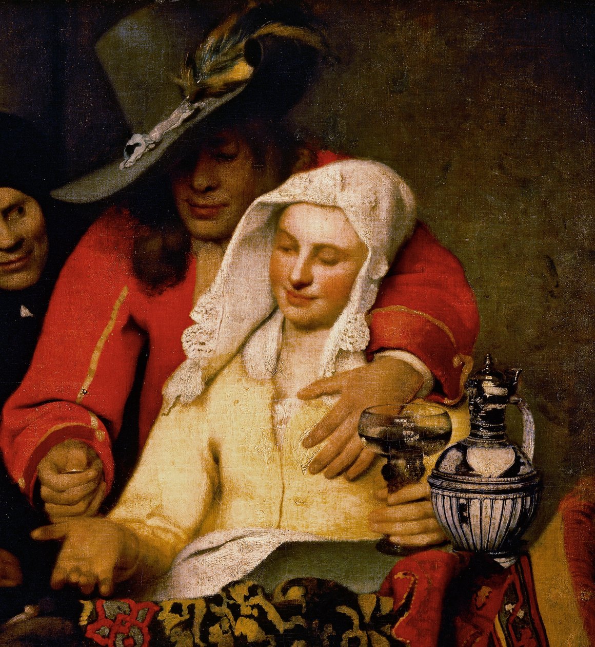 Egy férfi érmét nyújt egy nőnek, aki megérinti a mellét – részlet a The Procuressból alkotó: Johannes Vermeer