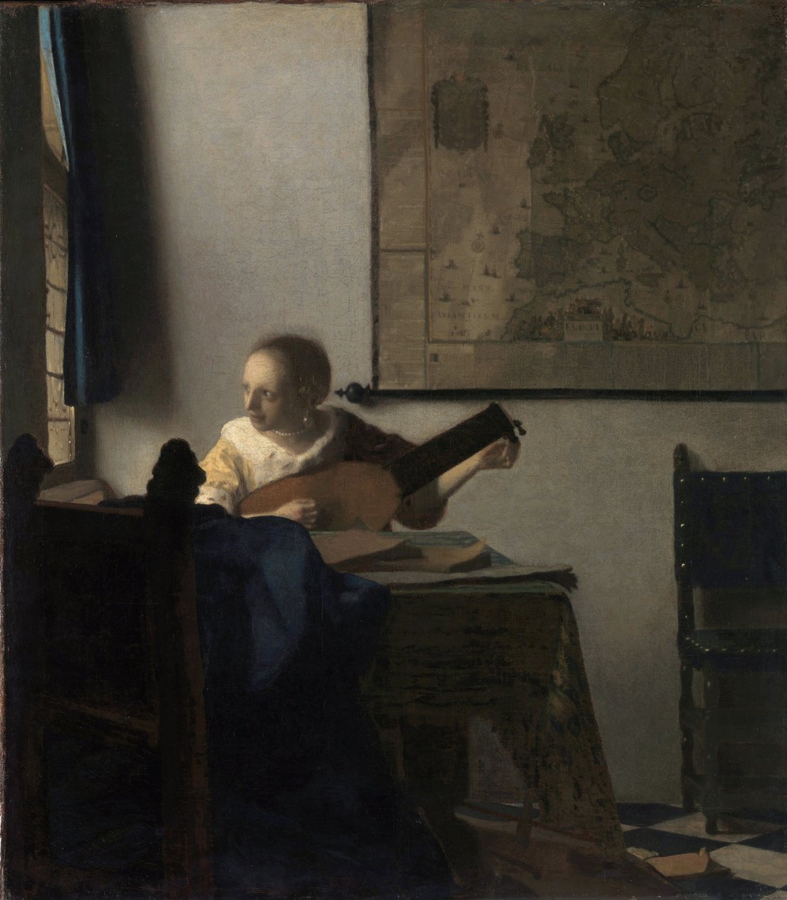 A nő a lantban - Johannes Vermeer (Vermeer de Delft) festménye (1632-1675), olaj, vászon, 1663 körül, 51,4x45,7 cm. A Metropolitan Művészeti Múzeum, New York alkotó: Johannes Vermeer