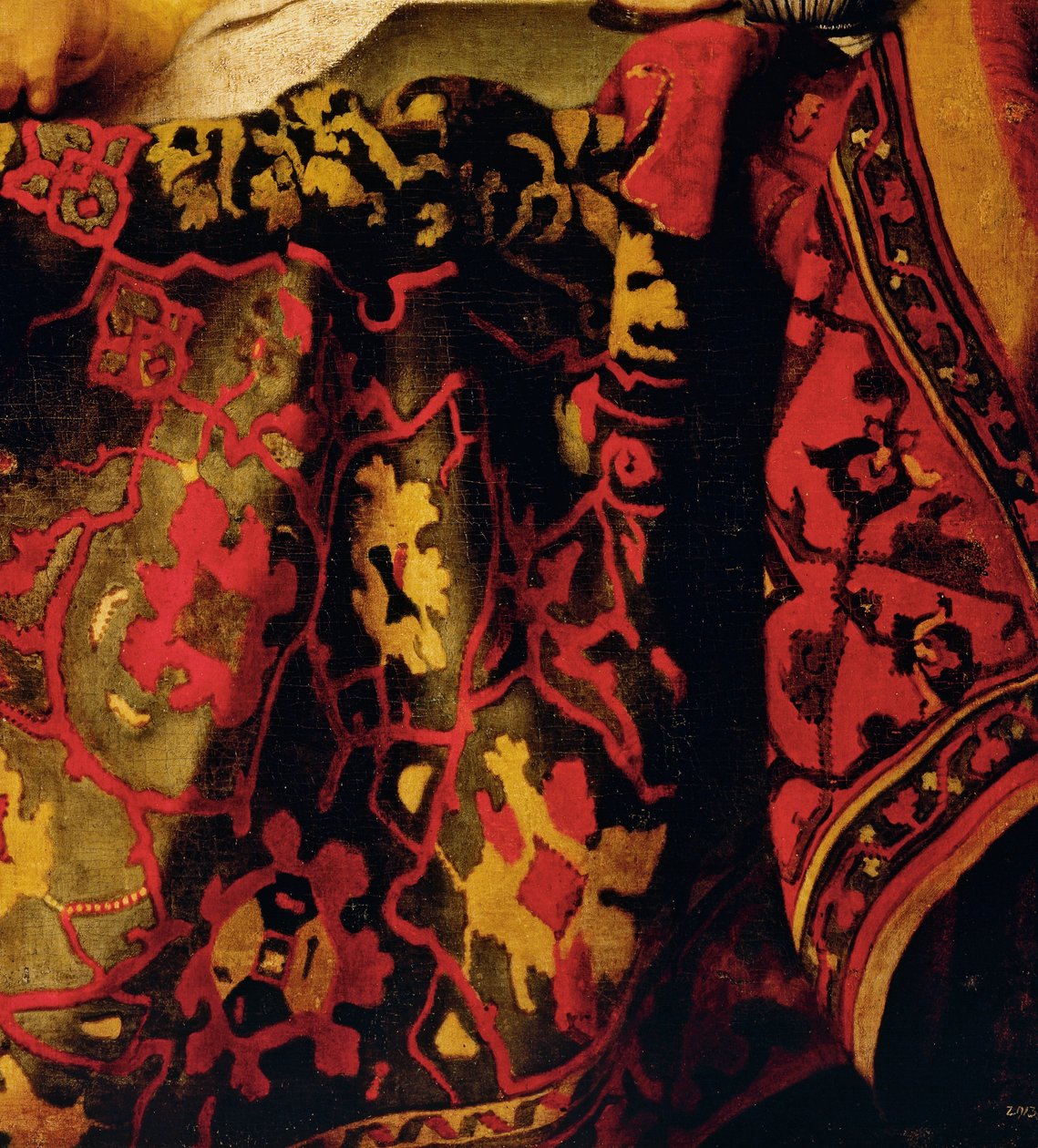 Hímzett ruha, a The Procuress részlete alkotó: Jan (attr. to) Vermeer