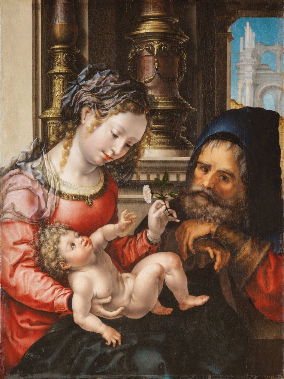 A Szent Család - Jan Gossaert dit Mabuse festménye (kb. 1478-1532), olaj, fa, 1527-1530 körül, 55,9x42 cm - A Szent család, Olaj, fa, Jan Gossaert - Museo de Bellas Artes de Bilbao alkotó: Jan (c.1472 c.1533) Gossaert
