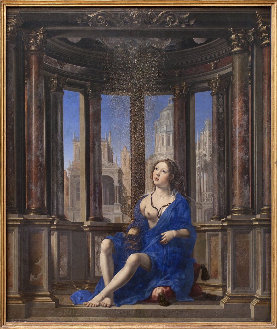 Danae. Jupiter turns into a golden rain to seduce the young woman. Painting by Jan Gossaert dit Mabuse (1478-1532), oil on wood (95 x 113 cm) alkotó: Jan (c.1472 c.1533) Gossaert