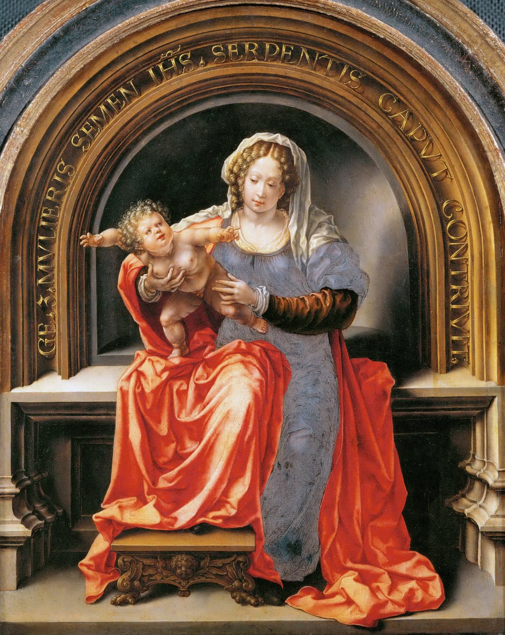 Szűz és gyermek – Jan Gossaert (Gossart, dit Mabuse) (kb. 1478-1532). Olaj, fa, kb. 1526-1527. Mérete: 30,6x24,5 cm. Művészettörténeti Múzeum, Vienne alkotó: Jan (c.1472 c.1533) Gossaert