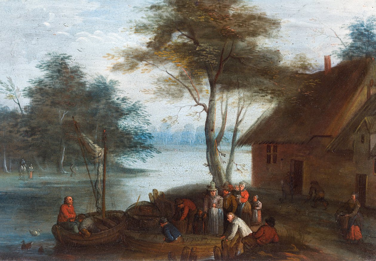Folyói táj alakokkal egy épület mellett, amely csónakokba kerül alkotó: Jan (follower of) Brueghel