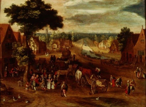 Egy falu utasokkal a fogadón kívül alkotó: Jan (follower of) Brueghel