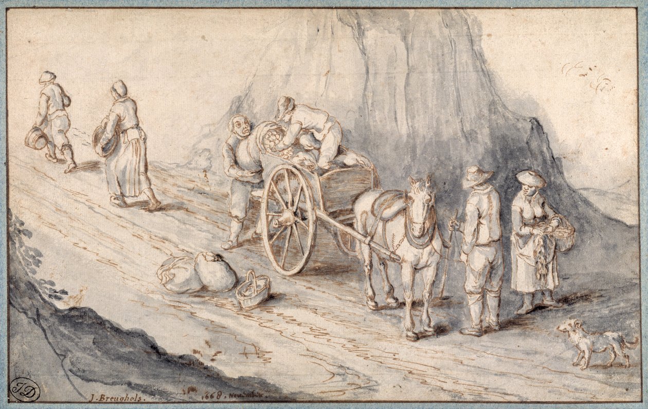 Parasztok gyökérzöldségekkel rakodnak egylovas szekérre (papíron mosott toll és tinta) alkotó: Jan (follower of) Brueghel