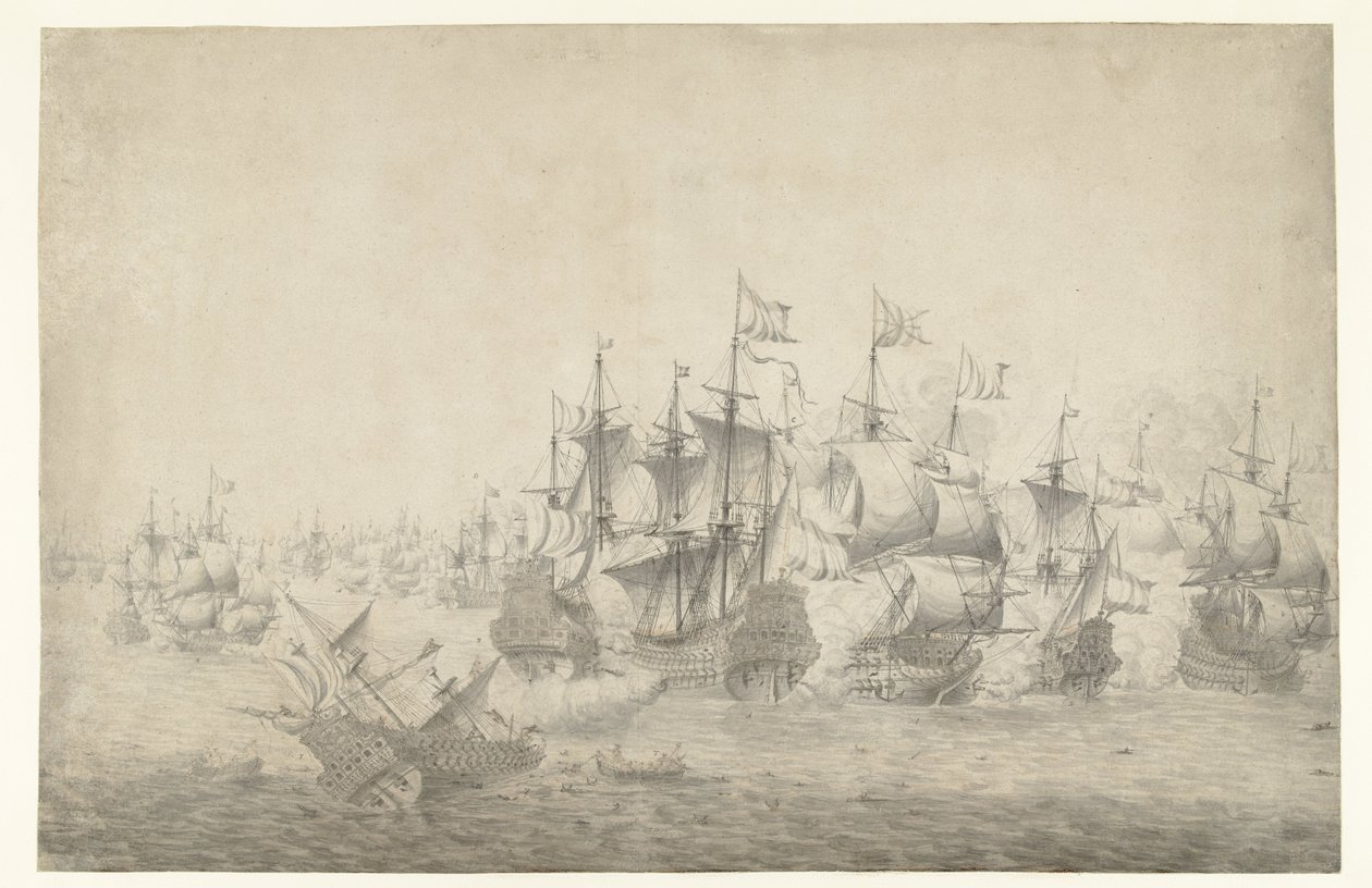 Egy tengeri csata, valószínűleg Lowestoftnál 1665. június 13-án (bal oldal) alkotó: Jan Abrahamsz. Beerstraten (possibly)
