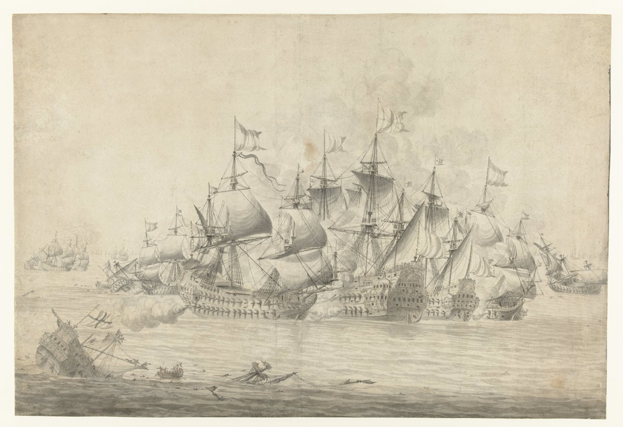 Tengeri csata, valószínűleg Lowestoftnál 1665. június 13-án (jobb oldali levél) alkotó: Jan Abrahamsz. Beerstraten (possibly)