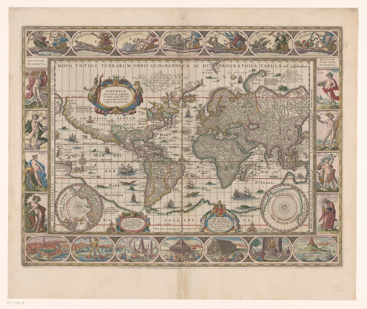 Wereldkaart met dekoratívan randen Az egész világ új földrajzi és vízrajzi térképe alkotó: Jan Aertse van den Ende