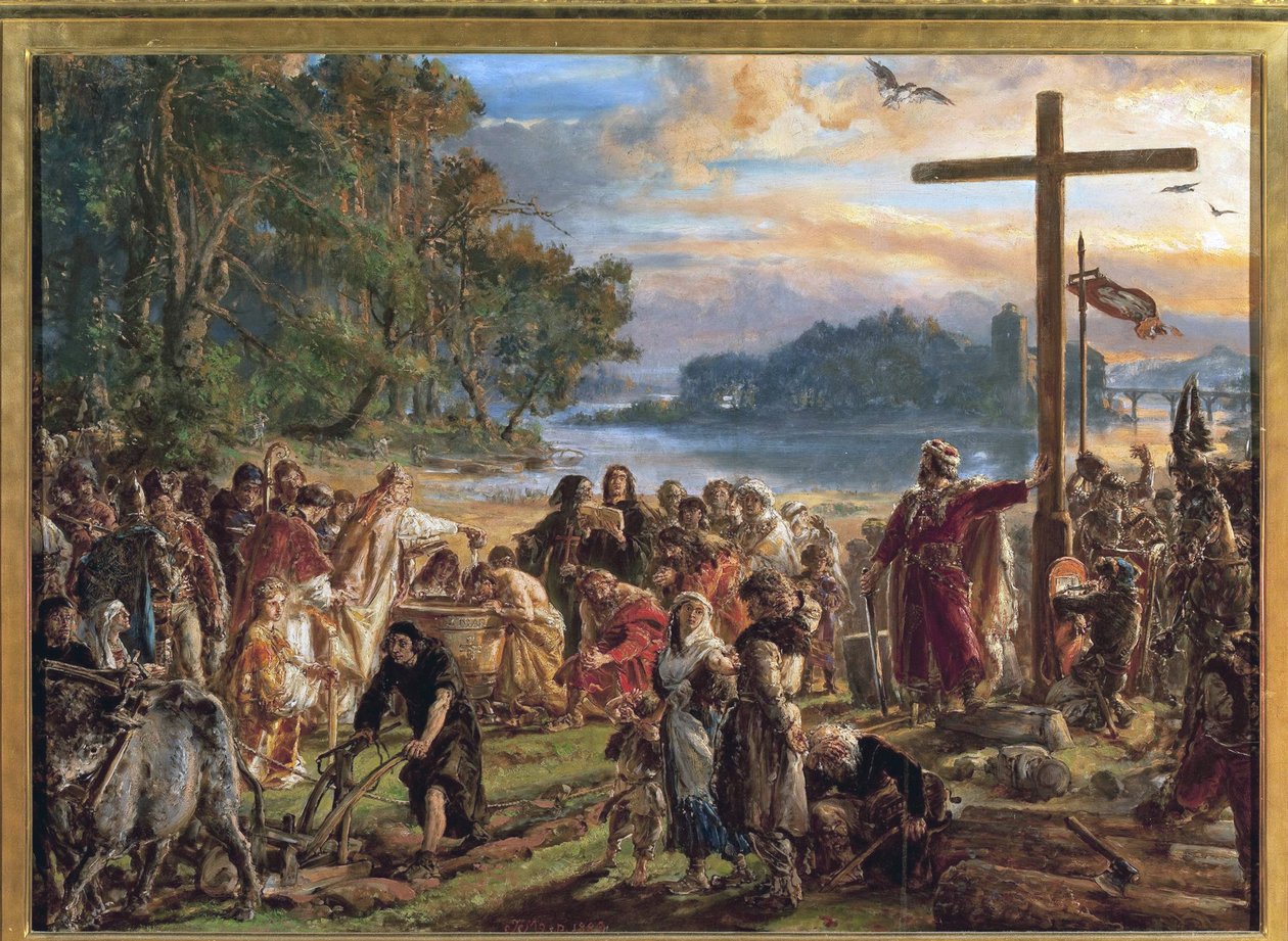 La chhristiannisation de la Pologne, 966 - Lengyelország keresztényesítése, 966. A civilizáció története Lengyelországban című sorozatából, Matejko, Jan Alojzy (1838-1893). Olaj, fa alkotó: Jan Alojzy Matejko