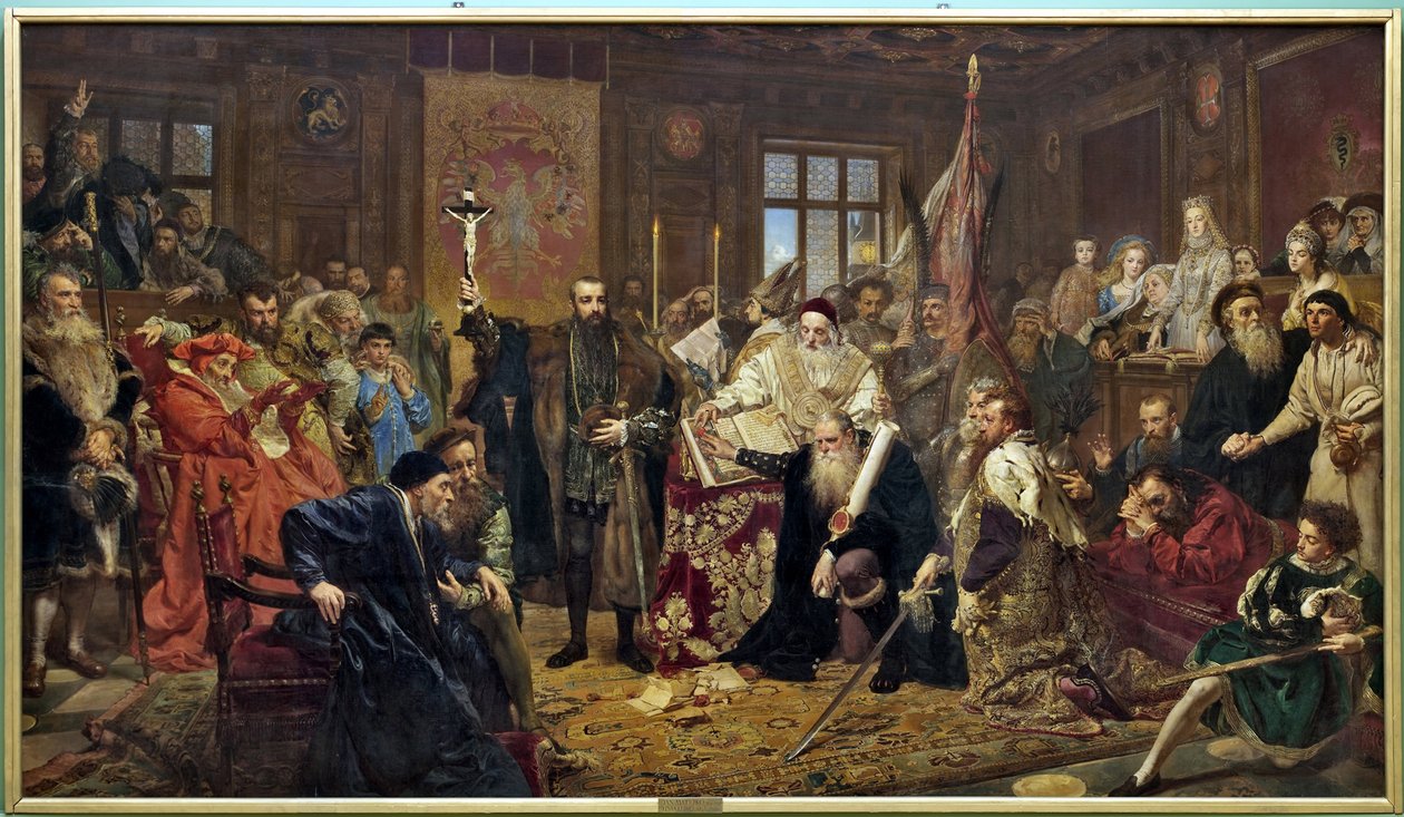 "A lublini unió": 1569. július 1-jén Lublinban (Lengyelország) aláírt politikai szerződés, amely a Lengyel Királyságot és a Litván Nagyhercegséget egyetlen állammá, a Két Nemzetek Köztársaságává egyesítette, amelyet egy monarchia ural. választási készített alkotó: Jan Alojzy Matejko