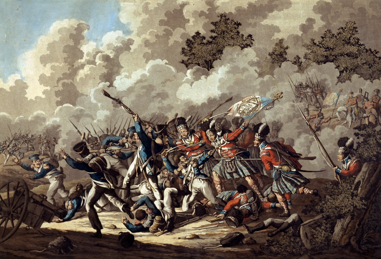 A francia gárda legyőzése a hegyvidékiek részéről, La Haye Sainte, a waterlooi csata során, 1815 (színes akvatinta) alkotó: Jan Anthonie Langendyk