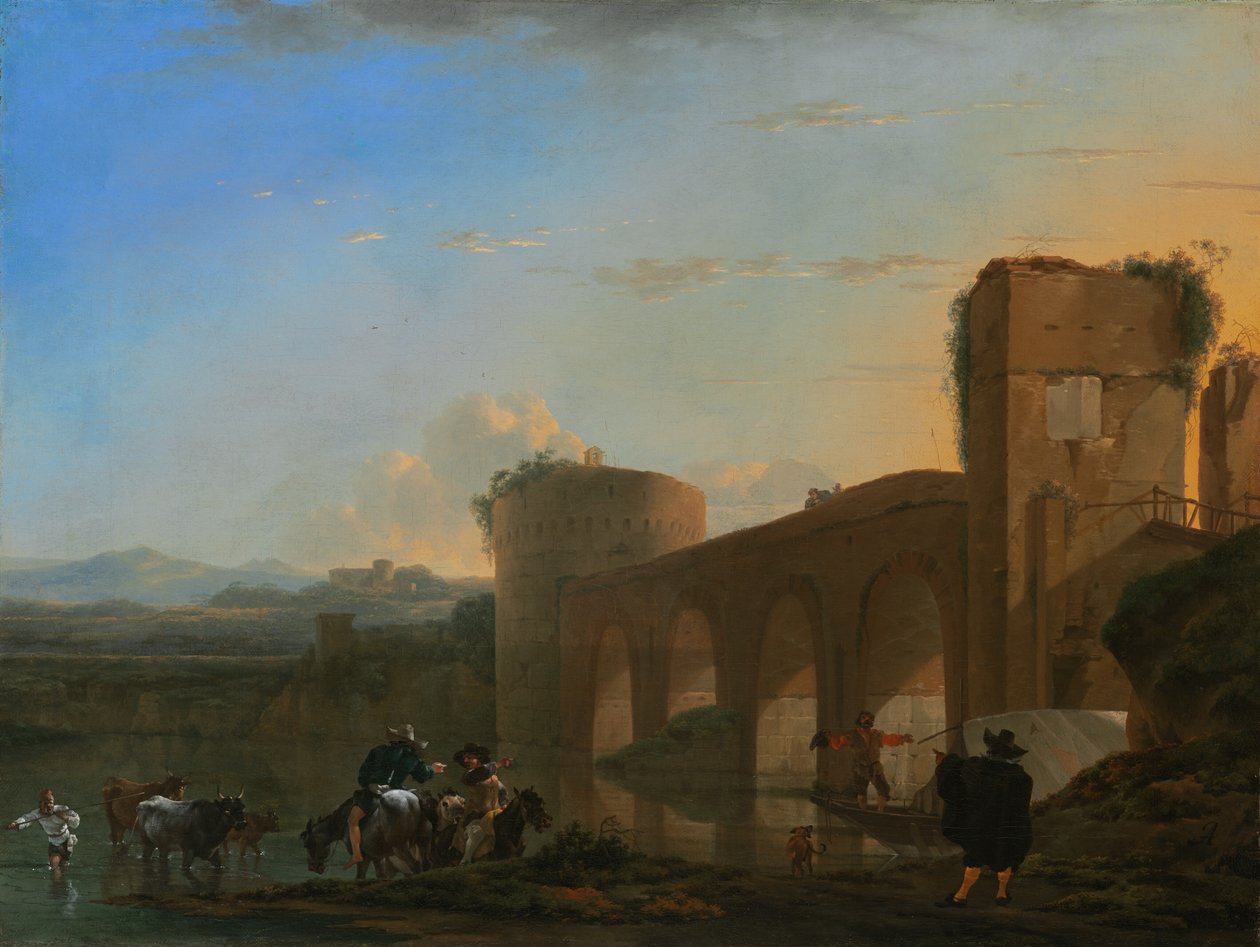 A Tiberis folyó és a Ponte Molle naplementekor, c. 1650. alkotó: Jan Asselijin