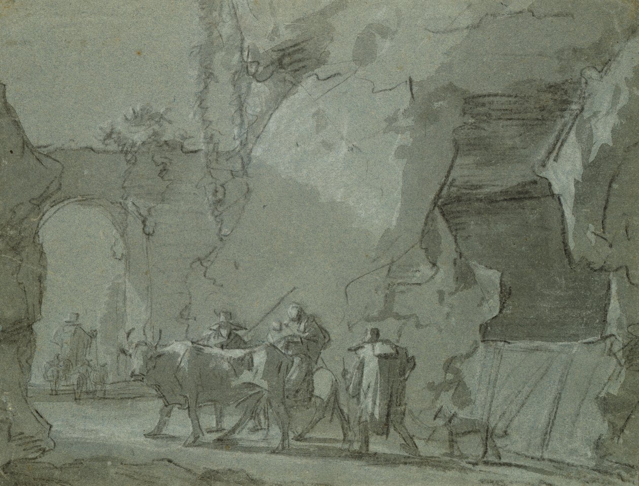 Pásztorok egy boltív előtt, 1650-52 körül (indiai tinta és kréta papíron) alkotó: Jan Asselijn
