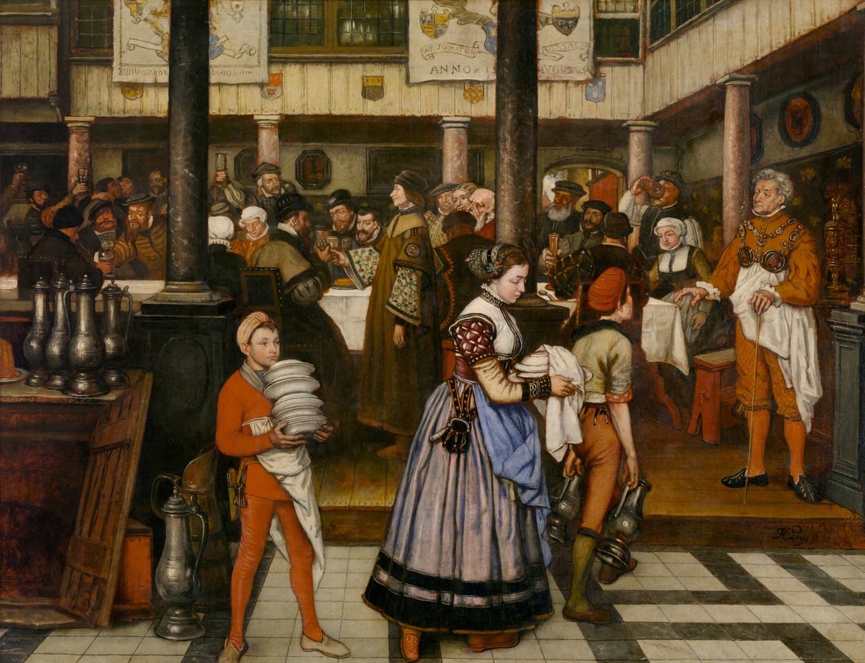 Frans Floris részt vesz a Szent Lukács céh bankettjén (olaj, vászon) alkotó: Jan August Hendrik Baron Leys