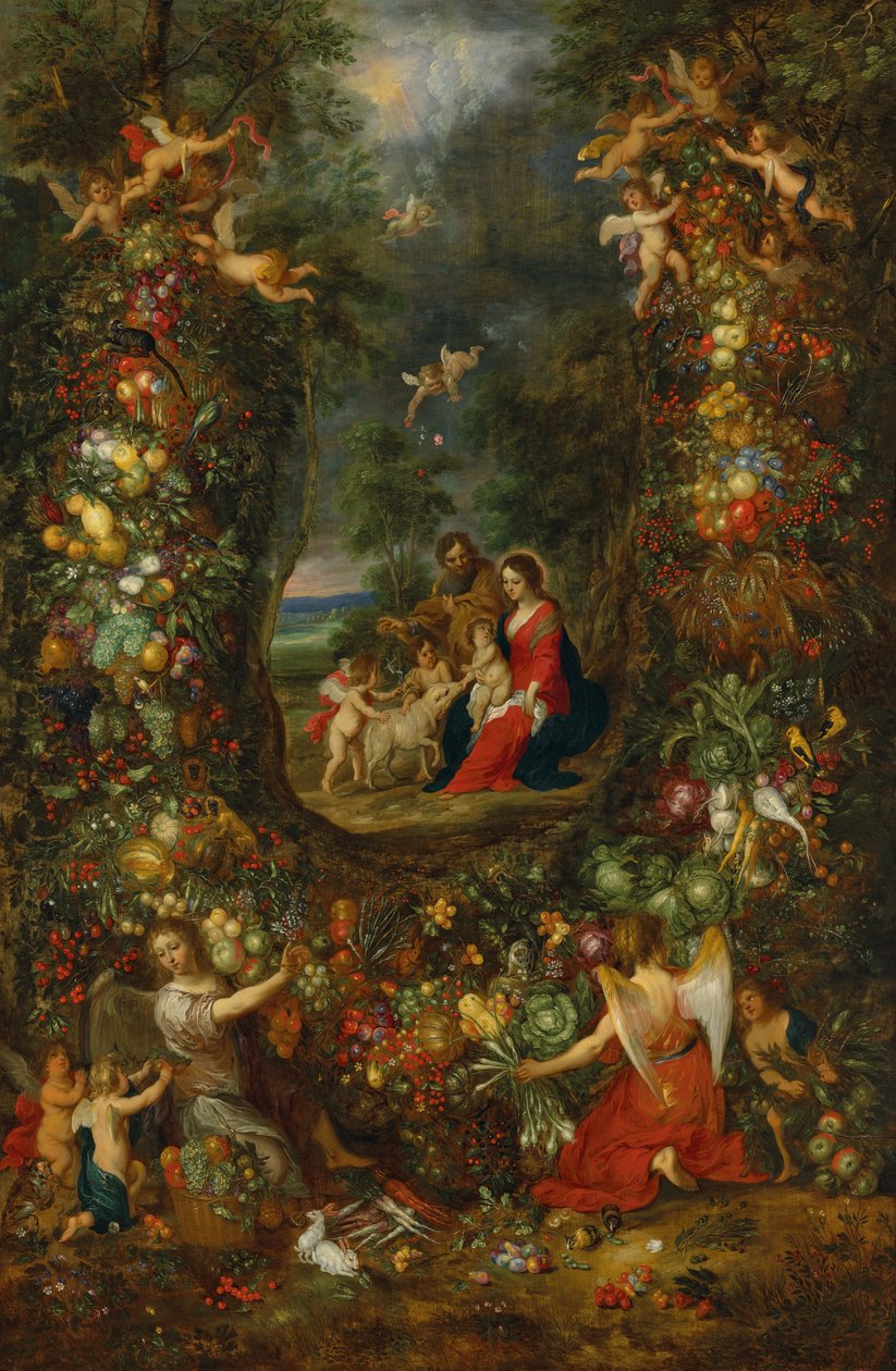 A Szent Család gyümölcsfűzérrel körülvéve, puttiakkal (olaj, tábla) alkotó: Jan & Balen Hendrik van (1575-1632) Brueghel