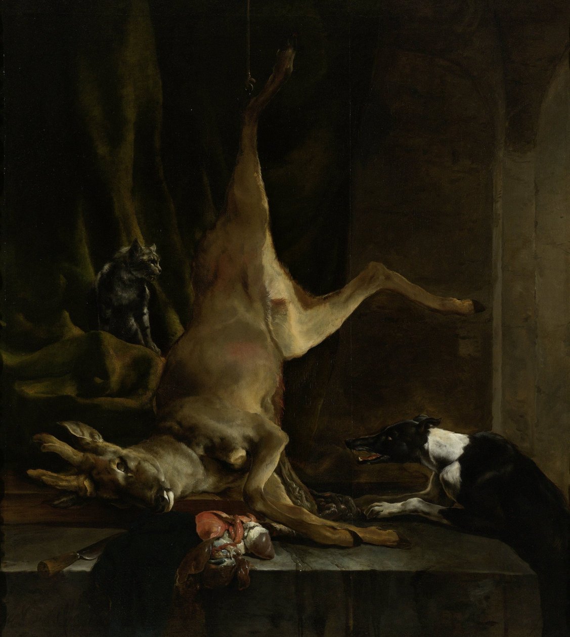 Egy kutya és egy macska egy részben kizsigerelt szarvas közelében alkotó: Jan Baptist Weenix