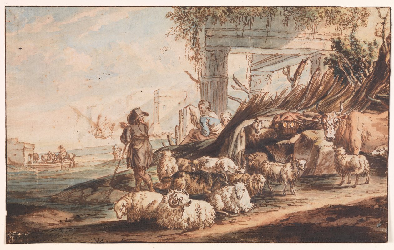 Pásztor juhnyájjal és tehénnel a romok között alkotó: Jan Baptist Weenix