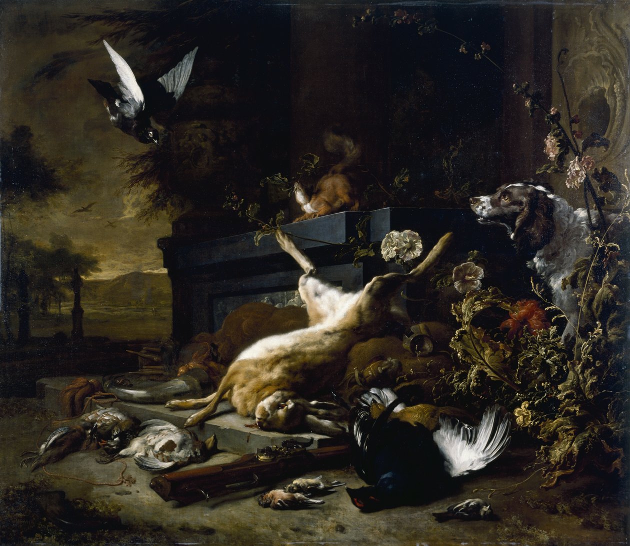 A játék csendélete, köztük egy nyulat, a nyírfajd és a fogoly, egy spániel, aki egy galambbal néz repülés közben, c. 1680 alkotó: Jan Baptist Weenix