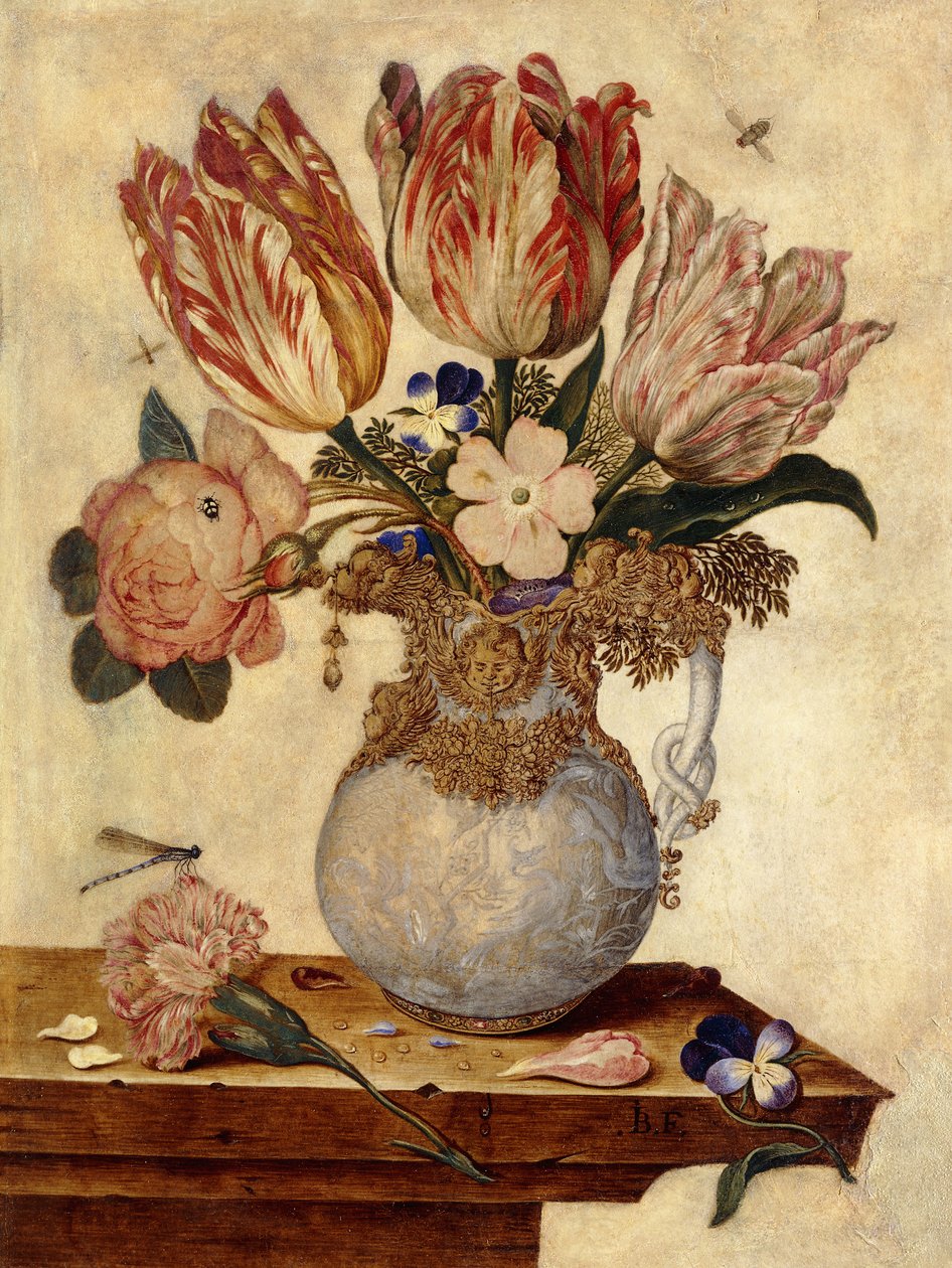 Tulipánok, nefelejcsek, bazsarózsa és más virágok vázában a párkányon, alkotó: Jan Baptist van Fornenburgh