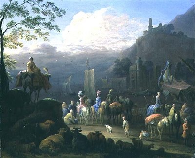 Egy csapat utazó egy kikötő közelében (olaj, réz) alkotó: Jan Baptist van der Meiren
