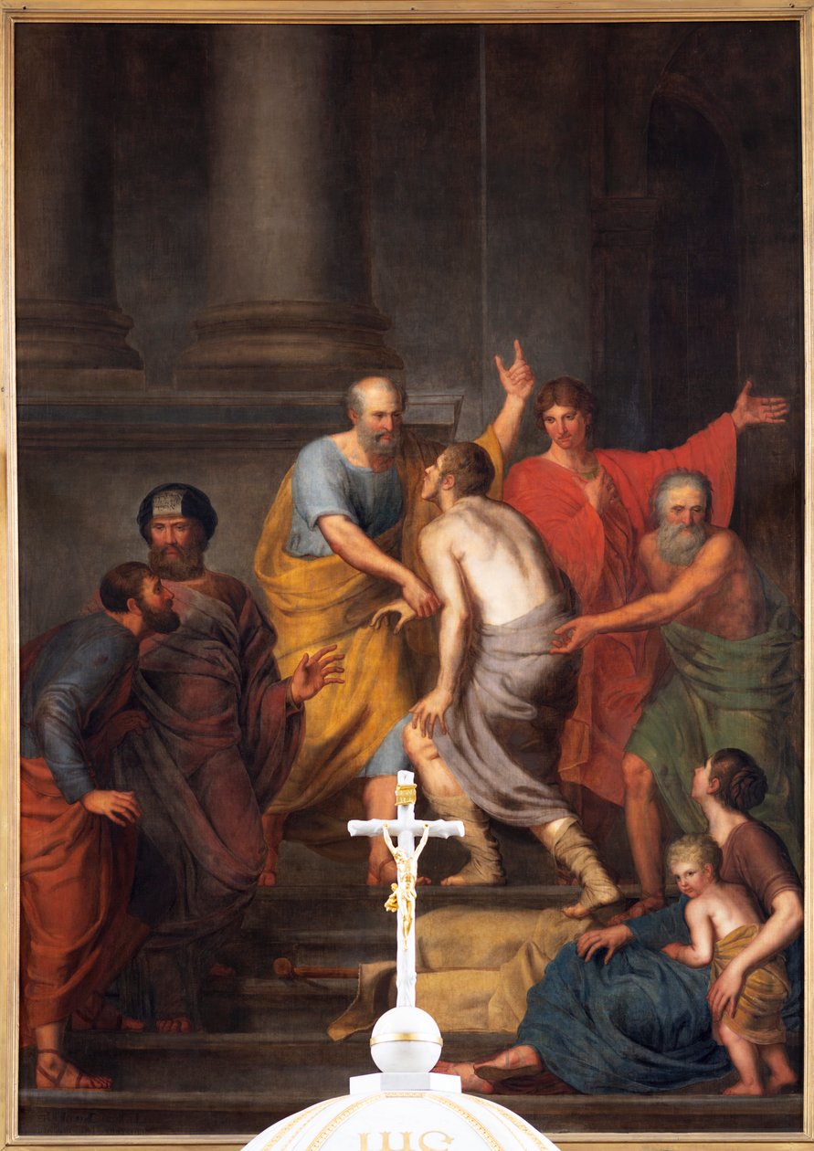 Belülnézet, a főoltár, Jan De Landtsheer "Petrus és Johannes segítenek egy bénán a templomban" festmény alkotó: Jan Baptiste de Landtsheer