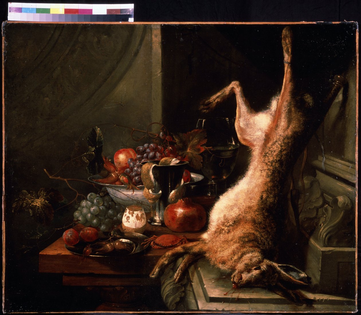 Csendélet nyúllal. Rák csendélet mogyoróval és citrommal hámozott bőrrel (héjjal). Jan Baptiste van Moerkerke (1660-1689) festménye. Olaj, vászon, flamand művészet. Puskin Szépművészeti Múzeum, Moszkva alkotó: Jan Baptiste van Moerkerke
