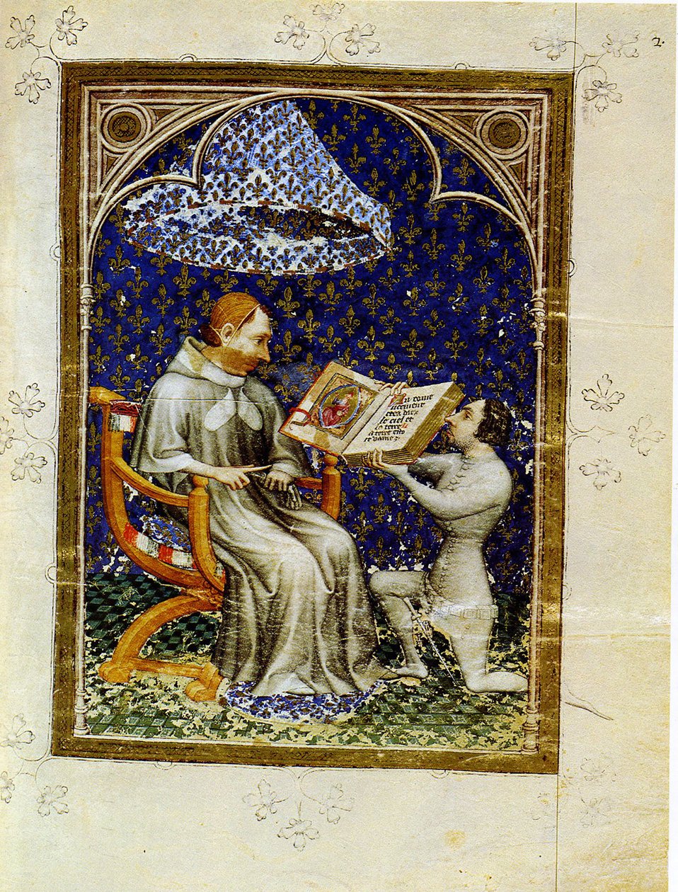Jean de Vaudetar átadja a könyvet ajándékba a francia V. Károlynak. Jean de Vaudetar bibliatörténetéből, 1372 alkotó: Jan Bondol