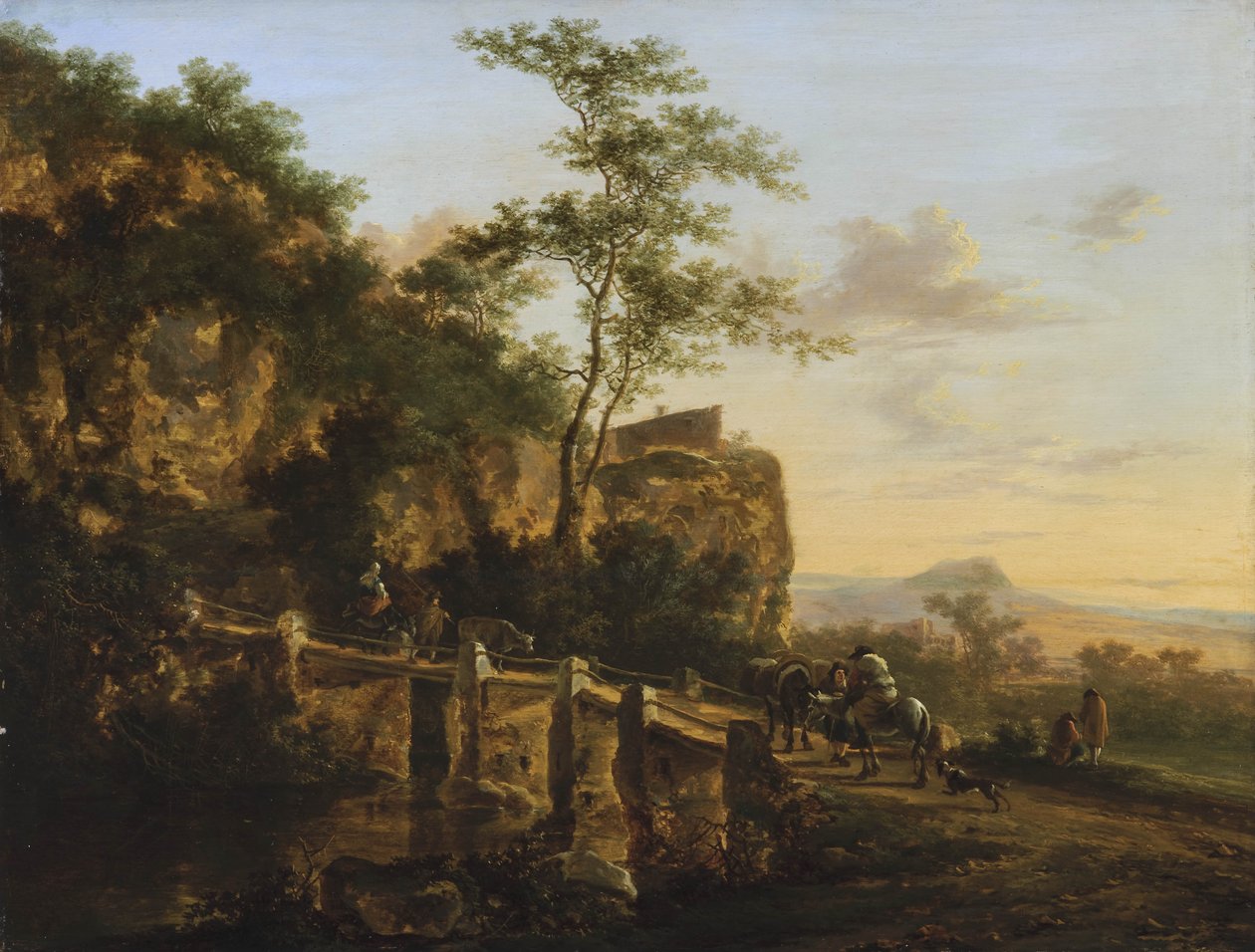 Holland: Déli táj, utazókkal egy híd mellett (a Ponte Acquoria Tivoli mellett) Hegyvidéki táj híddal alkotó: Jan Both