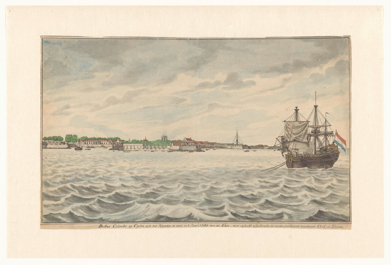 Colombo városa Ceylonban északról nézve 1785-ben az utakról, lebontott templomával és tornyával, amelyeket újjáépítettek. (cím a tárgyon) alkotó: Jan Brandes (signed by artist)