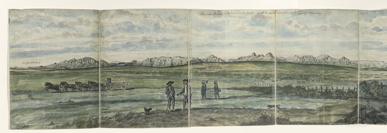Hottentots Holland panoráma Kaapsche Bergen a foktól északra, a Baay-falstól a Tygerbergig húzódik. 1787 (cím a tárgyon) alkotó: Jan Brandes