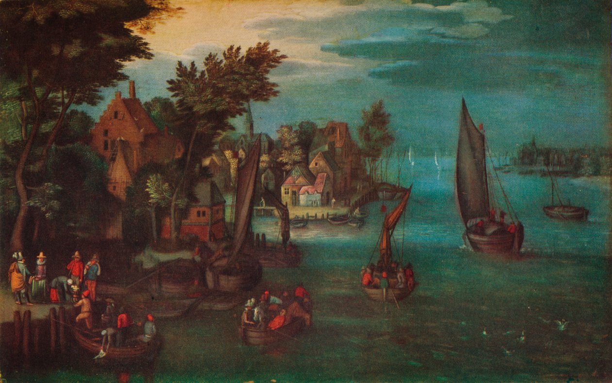 „Egy forgalmas folyami jelenet holland hajókkal és komppal”, c1605 alkotó: Jan Bruegel The Elder