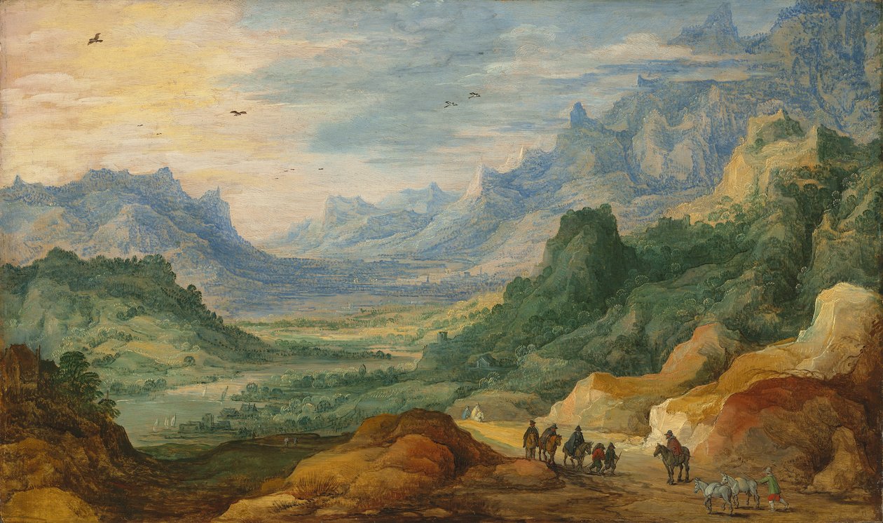 Hegyvidéki táj utazókkal és pásztorokkal az ösvényen alkotó: Jan Brueghel the Elder