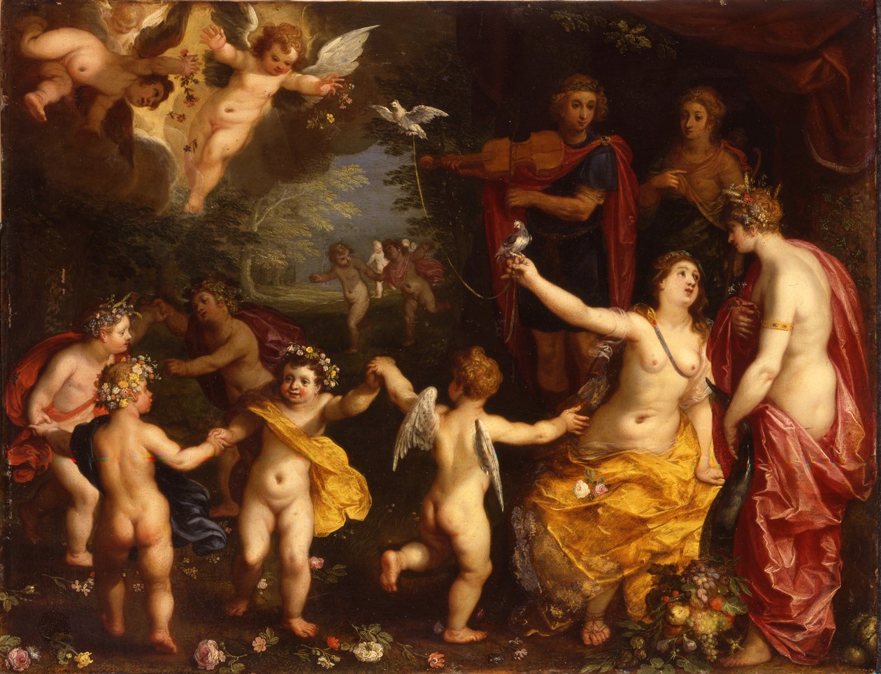 A szerelem allegóriája: Vénusz egy pár megkötött galambot tart, Ceresszel, Apollónnal és Dianával, táncoló puttival körülvéve, egy tájban alkotó: Jan Brueghel the Elder