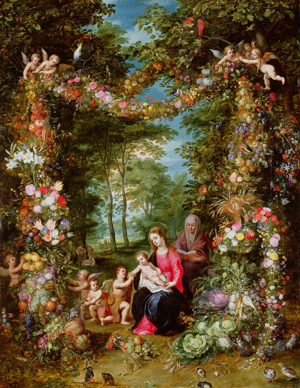 A Szűz és a Gyermek a csecsemő Keresztelő Szent Jánossal, Szent Annával és angyalokkal, virág- és gyümölcsfüzérrel körülvéve alkotó: Jan Brueghel the Elder