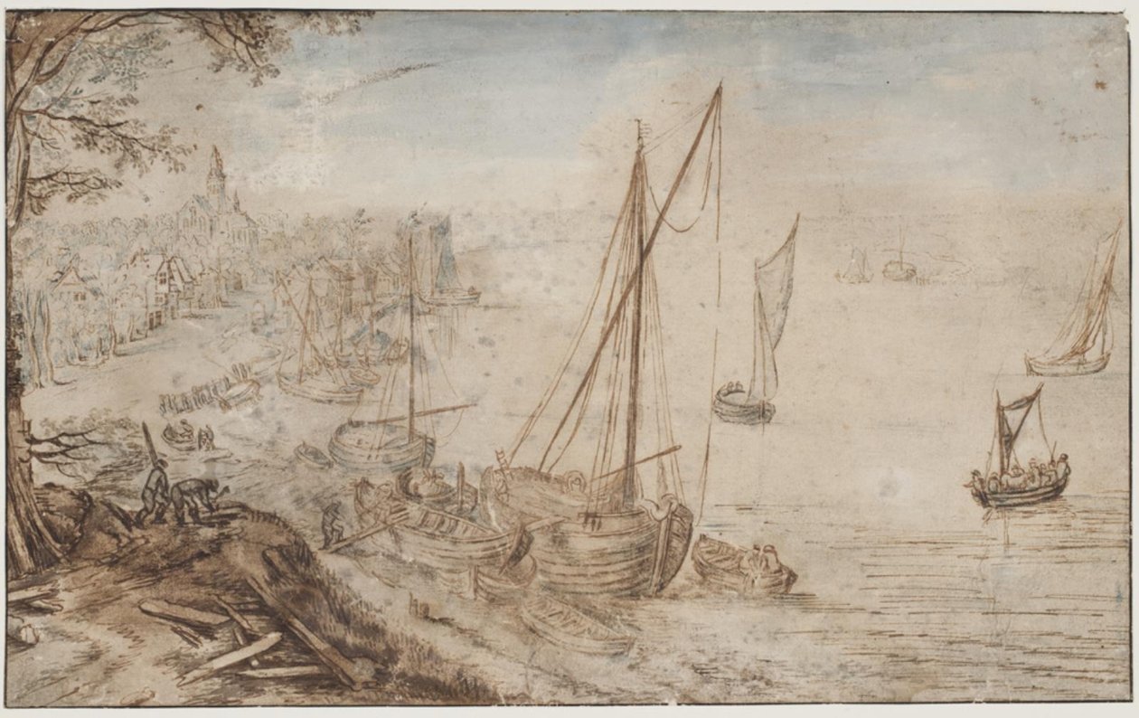 Folyói táj. Az előtérben egy csónakot rakodnak, és férfiak deszkát vágnak alkotó: Jan Brueghel d.Æ.