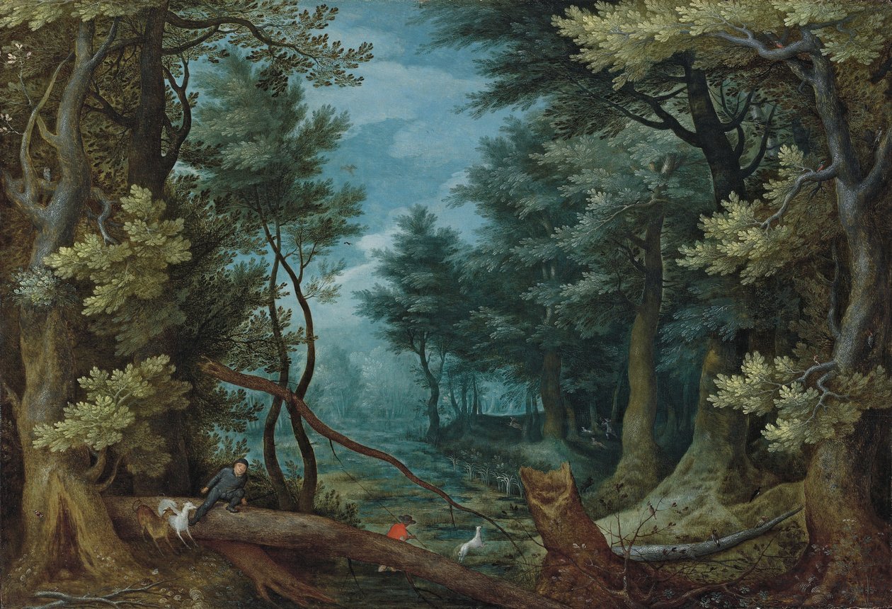Egy erdei tájkép vadászokkal, akik egy szarvasbikát üldöznek alkotó: Jan Brueghel the Elder