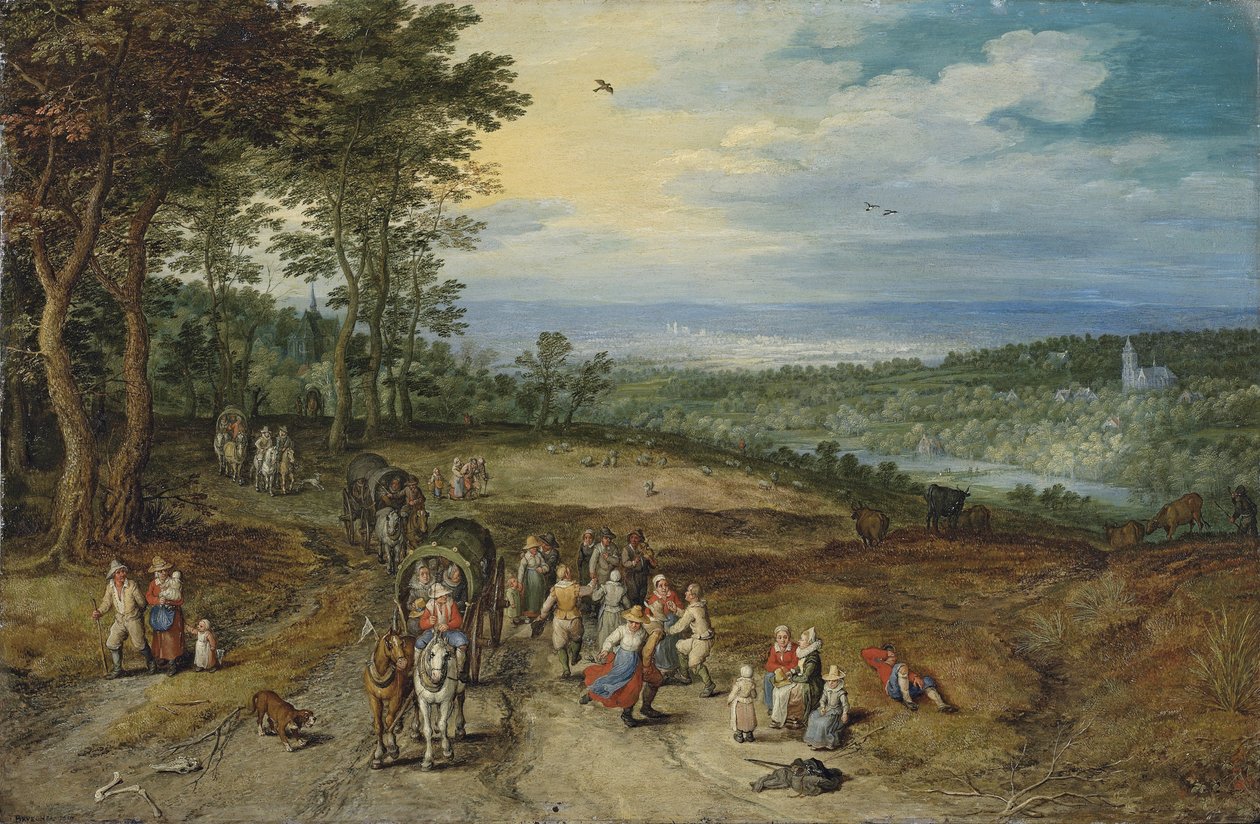 Kiterjedt erdős táj, az úton utazókkal és az előtérben táncoló parasztokkal / Landscape with Travellers and Peasants on a Track (Tájkép utazókkal és parasztokkal az úton) alkotó: Jan Brueghel the Elder