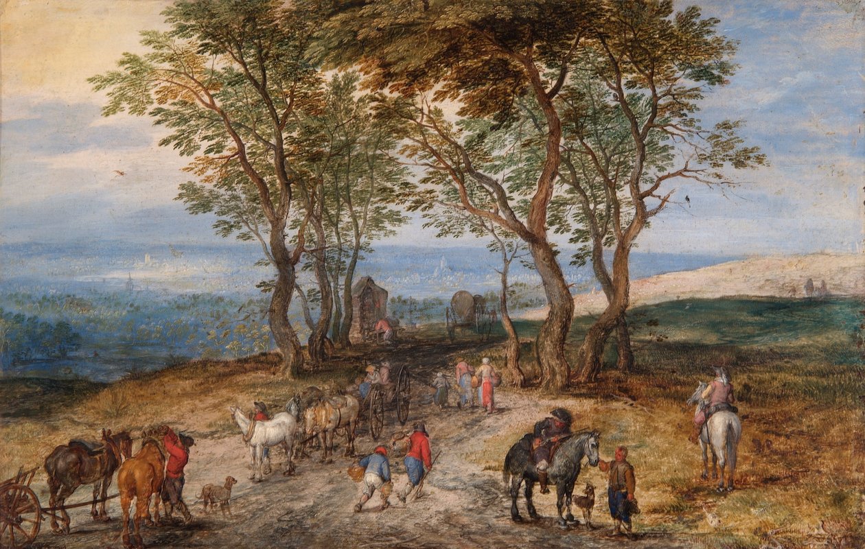 "Országúti jelenet figurákkal: egy férfi imádkozik egy szentélyben", c1610 alkotó: Jan Brueghel the Elder