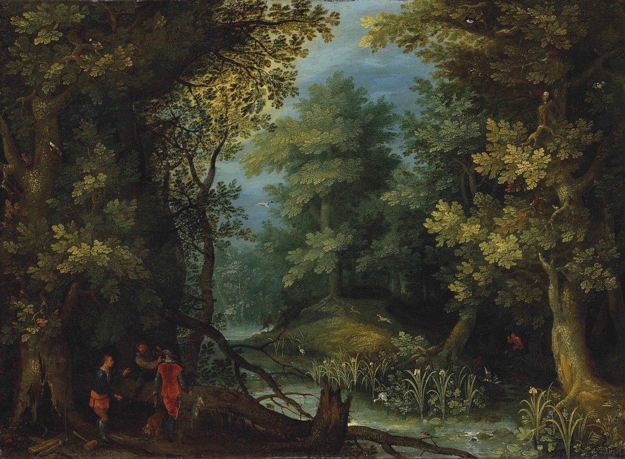 Vadászok vadászkutyákkal egy patak mellett egy erdős tájban alkotó: Jan Brueghel the Elder