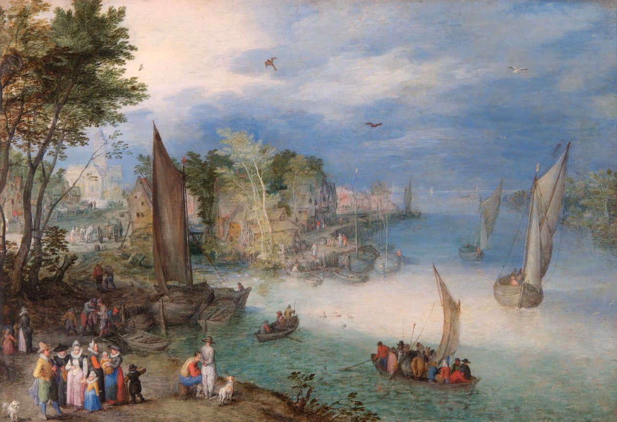 „Folyami jelenet csónakokkal és alakokkal”, 16. század vége vagy 17. század eleje alkotó: Jan Brueghel the Elder